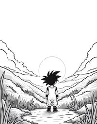 Goku watching a sunset over lush hills