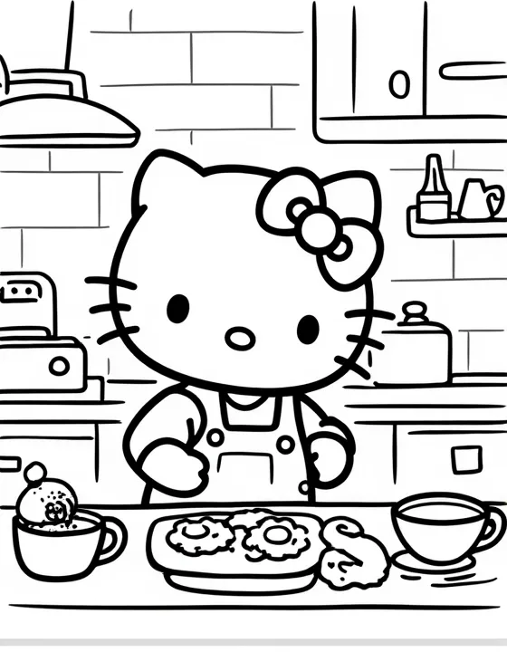 Hello Kitty baking cookies in a cozy kitchen