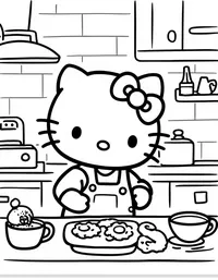 Hello Kitty baking cookies in a cozy kitchen coloring pages