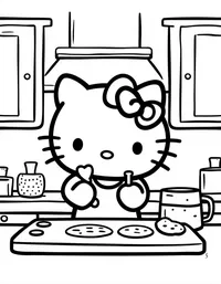 Hello Kitty baking cookies in a cozy kitchen