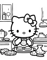 Hello Kitty baking cookies in a cozy kitchen