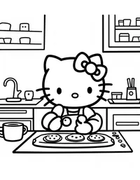 Hello Kitty baking cookies in a cozy kitchen