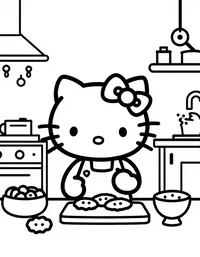 Hello Kitty baking cookies in a cozy kitchen