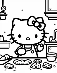 Hello Kitty baking cookies in a cozy kitchen