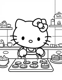 Hello Kitty baking cookies in a cozy kitchen