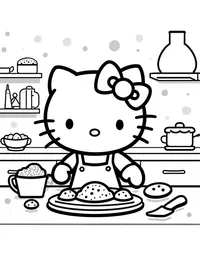 Hello Kitty baking cookies in a cozy kitchen