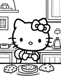 Hello Kitty baking cookies in a cozy kitchen