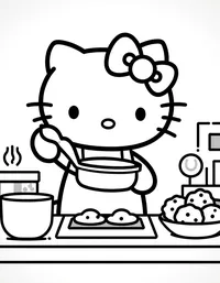 Hello Kitty baking cookies in a cozy kitchen