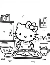 Hello Kitty baking cookies in a cozy kitchen