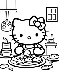 Hello Kitty baking cookies in a cozy kitchen