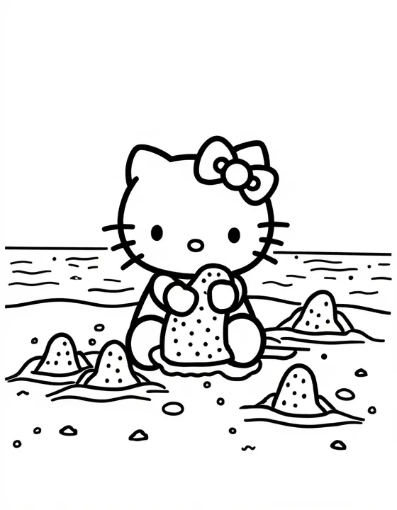 Hello Kitty building sandcastles at the beach