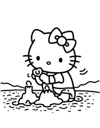 Hello Kitty building sandcastles at the beach