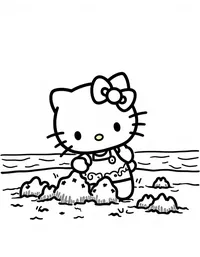 Hello Kitty building sandcastles at the beach