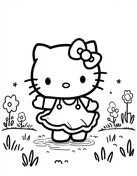 Hello Kitty dancing in a colorful field