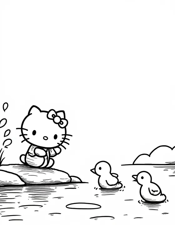 Hello Kitty feeding birds by a lake