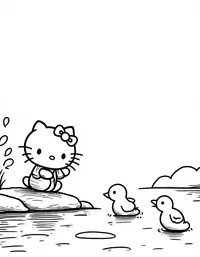 Hello Kitty feeding birds by a lake coloring pages