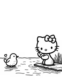 Hello Kitty feeding birds by a lake