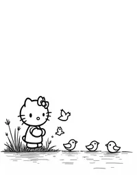 Hello Kitty feeding birds by a lake