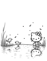 Hello Kitty feeding birds by a lake