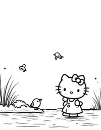 Hello Kitty feeding birds by a lake