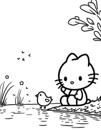 Hello Kitty feeding birds by a lake