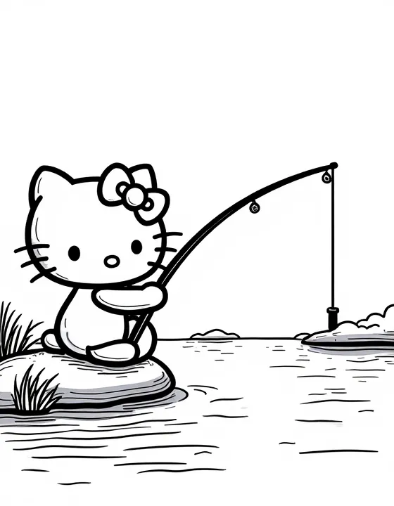 Hello Kitty fishing by a tranquil river