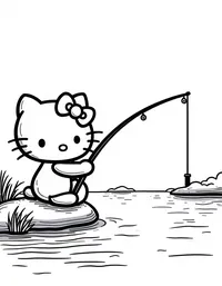 Hello Kitty fishing by a tranquil river coloring pages