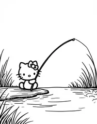 Hello Kitty fishing by a tranquil river