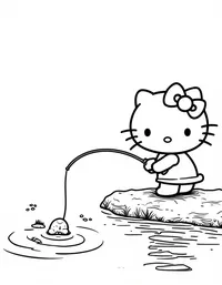 Hello Kitty fishing by a tranquil river