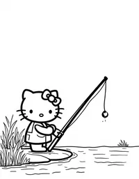 Hello Kitty fishing by a tranquil river