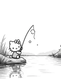 Hello Kitty fishing by a tranquil river