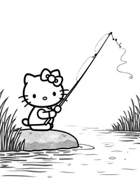 Hello Kitty fishing by a tranquil river