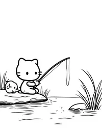 Hello Kitty fishing by a tranquil river