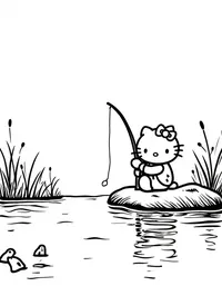 Hello Kitty fishing by a tranquil river