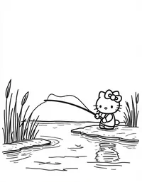 Hello Kitty fishing by a tranquil river