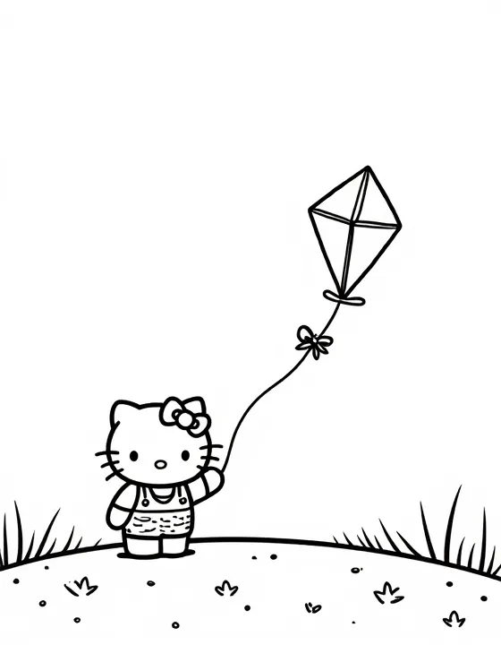 Hello Kitty flying a kite on a hilltop