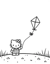 Hello Kitty flying a kite on a hilltop coloring pages