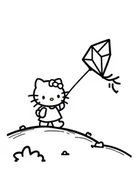 Hello Kitty flying a kite on a hilltop