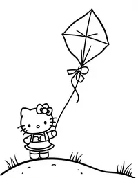 Hello Kitty flying a kite on a hilltop