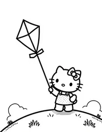 Hello Kitty flying a kite on a hilltop