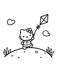 Hello Kitty flying a kite on a hilltop