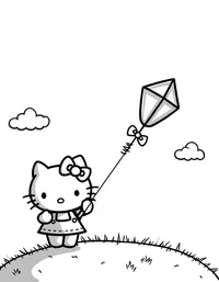 Hello Kitty flying a kite on a hilltop