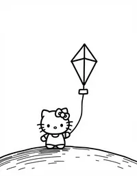 Hello Kitty flying a kite on a hilltop