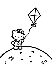 Hello Kitty flying a kite on a hilltop