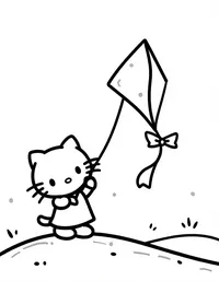 Hello Kitty flying a kite on a hilltop