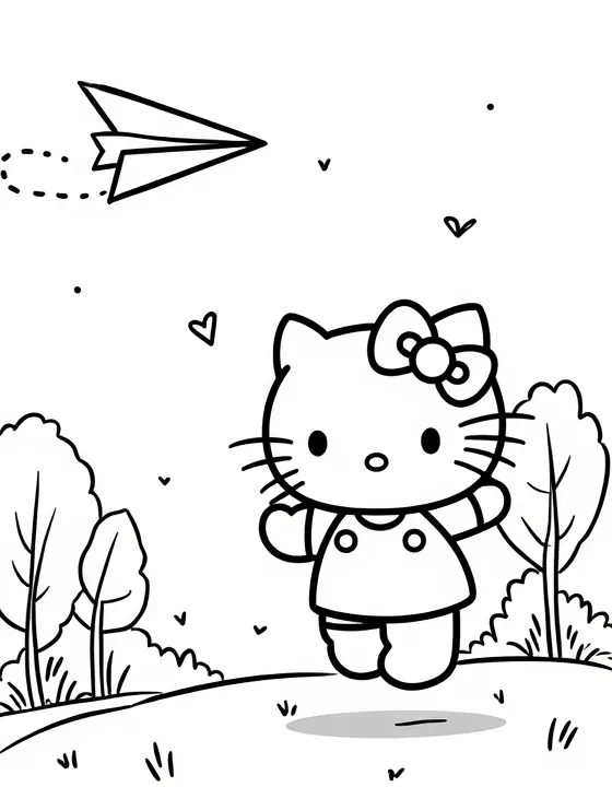 Hello Kitty flying a paper airplane in a park