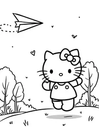 Hello Kitty flying a paper airplane in a park coloring pages