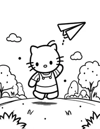 Hello Kitty flying a paper airplane in a park