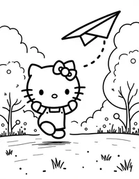 Hello Kitty flying a paper airplane in a park