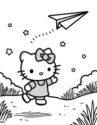 Hello Kitty flying a paper airplane in a park